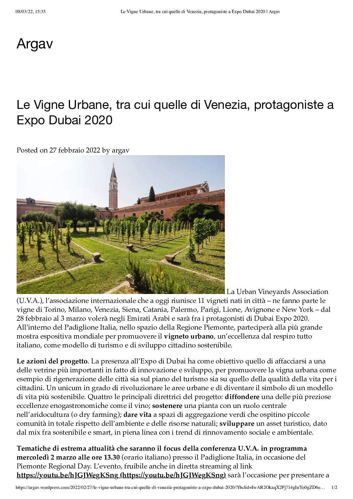 Le Vigne Urbane, tra cui quelle di Venezia, protagoniste a Expo Dubai 2020